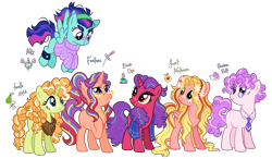 Size: 2792x1632 | Tagged: safe, artist:fizzmitz, artist:shiibases, imported from derpibooru, oc, oc only, oc:black chai, oc:fantasia, oc:forelle stitch, oc:nike, oc:powder puff, oc:sweet nectarine, earth pony, pegasus, pony, unicorn, bandana, base used, clothes, female, flower, flower in hair, freckles, glasses, jewelry, magical lesbian spawn, mare, necklace, necktie, next generation, offspring, parent:applejack, parent:big macintosh, parent:fancypants, parent:fluttershy, parent:pinkie pie, parent:rainbow dash, parent:rarity, parent:saffron masala, parent:starlight glimmer, parent:sunburst, parent:tempest shadow, parent:twilight sparkle, parents:fluttermac, parents:pinkiepants, parents:rarijack, parents:starburst, parents:tempestmasala, parents:twidash, shawl, simple background, transparent background, turtleneck