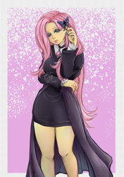 Size: 1024x1453 | Tagged: safe, artist:0mishia0, imported from derpibooru, fluttershy, human, equestria girls, clothes, dress, eyeshadow, female, fluttergoth, looking at you, makeup, solo