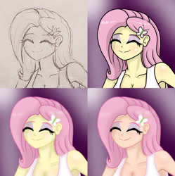 Size: 1280x1285 | Tagged: safe, alternate version, artist:lennondash, imported from derpibooru, fluttershy, human, equestria girls, breasts, bust, butterfly hairpin, cel shading, cleavage, clothes, eyelashes, eyes closed, eyeshadow, female, human coloration, makeup, shading, simple background, sketch, smiling, solo, tanktop