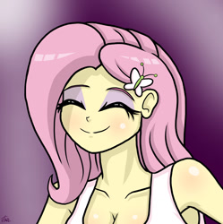 Size: 1280x1285 | Tagged: safe, alternate version, artist:lennondash, imported from derpibooru, fluttershy, human, equestria girls, breasts, bust, butterfly hairpin, cel shading, cleavage, clothes, eyelashes, eyes closed, eyeshadow, female, makeup, shading, simple background, smiling, solo, tanktop