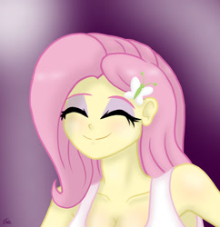 Size: 1280x1321 | Tagged: safe, artist:lennondash, imported from derpibooru, fluttershy, human, equestria girls, breasts, bust, butterfly hairpin, cleavage, clothes, eyelashes, eyes closed, eyeshadow, female, makeup, simple background, smiling, solo, tanktop