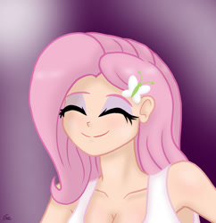 Size: 1280x1321 | Tagged: safe, alternate version, artist:lennondash, imported from derpibooru, fluttershy, human, equestria girls, breasts, bust, butterfly hairpin, cleavage, clothes, eyelashes, eyes closed, eyeshadow, female, human coloration, makeup, simple background, smiling, solo, tanktop