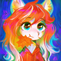 Size: 1500x1500 | Tagged: safe, artist:dearmary, imported from derpibooru, oc, oc only, oc:making amends, pony, abstract background, bust, clothes, ear fluff, female, hoodie, leaf, mare, mouth hold, portrait, solo