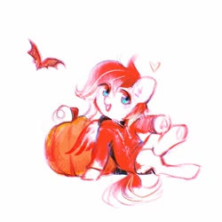Size: 1500x1500 | Tagged: safe, artist:dearmary, imported from derpibooru, oc, oc:making amends, bat, pony, clothes, female, hoodie, mare, open mouth, open smile, pumpkin, simple background, sitting, smiling, solo, white background