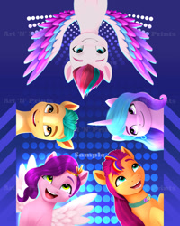 Size: 1506x1885 | Tagged: safe, artist:darksly, imported from derpibooru, hitch trailblazer, izzy moonbow, pipp petals, sunny starscout, zipp storm, earth pony, pegasus, pony, unicorn, adorapipp, adorazipp, cute, female, g5, hitchbetes, izzybetes, male, mane five (g5), mare, markings, my little pony: a new generation, one eye closed, open mouth, stallion, sunnybetes, watermark