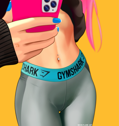 Size: 1435x1518 | Tagged: safe, artist:noah-x3, imported from derpibooru, oc, oc only, oc:neon flare, human, belly button, belly piercing, cellphone, clothes, female, humanized, humanized oc, midriff, nail polish, not pony related, pants, phone, piercing, selfie, simple background, smartphone, solo, sweater, sweatpants, yellow background, yoga pants