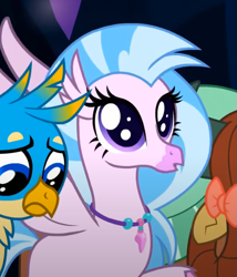 Size: 537x626 | Tagged: safe, imported from derpibooru, screencap, gallus, silverstream, yona, classical hippogriff, griffon, hippogriff, yak, uprooted, cropped, cute, diastreamies, dilated pupils, female, jewelry, necklace, offscreen character, solo focus