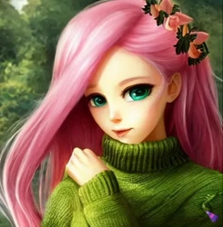 Size: 501x512 | Tagged: safe, imported from derpibooru, fluttershy, human, ai content, ai generated, beautiful, clothes, flower, flower in hair, forest, generator:purplesmart.ai, generator:stable diffusion, humanized, solo, sweater, sweatershy
