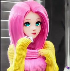 Size: 504x512 | Tagged: safe, imported from derpibooru, fluttershy, human, 60s, ai content, ai generated, beautiful, clothes, generator:purplesmart.ai, generator:stable diffusion, humanized, solo, sweater, sweatershy