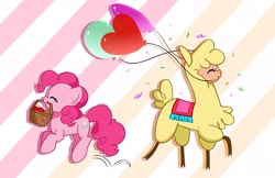 Size: 4096x2661 | Tagged: safe, artist:kittyrosie, imported from derpibooru, pinkie pie, alpaca, earth pony, pony, them's fightin' herds, balloon, commission, community related, cute, diapinkes, eyes closed, jumping, mouth hold, paprika (tfh), paprikadorable