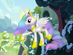 Size: 1200x900 | Tagged: safe, princess celestia, alicorn, pony, pony creator, 3d, 3d pony creator, clothes, crown, hoof shoes, jewelry, multicolored hair, necklace, ponylumen, princess shoes, raised hoof, regalia, slippers, королева кошек, тапочек упал