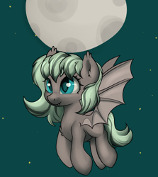 Size: 2566x2876 | Tagged: safe, artist:dumbwoofer, imported from derpibooru, oc, oc:forest air, bat pony, pony, ear fluff, fangs, female, flying, full moon, moon, night, smiling, solo, stars