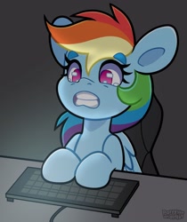 Size: 3201x3811 | Tagged: safe, artist:partylikeanartist, imported from derpibooru, rainbow dash, pegasus, pony, amogus eyes, among us, female, gritted teeth, keyboard, mare, meme, solo, teeth