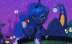 Size: 3416x2061 | Tagged: safe, artist:hirichie, imported from derpibooru, princess luna, alicorn, pony, luna eclipsed, apple, crown, cute, eating, ethereal mane, female, food, halloween, herbivore, holiday, hoof shoes, horn, jewelry, lunabetes, mare, night, nightmare night, redraw, regalia, scene interpretation, smiling, starry mane, wings