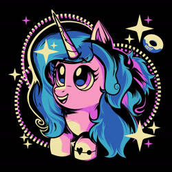 Size: 1512x1512 | Tagged: safe, artist:poxy_boxy, imported from derpibooru, izzy moonbow, pony, unicorn, black background, bust, commission, female, g5, limited palette, looking up, mare, open mouth, open smile, simple background, smiling, solo