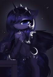 Size: 2840x4096 | Tagged: safe, artist:magnaluna, imported from derpibooru, princess luna, alicorn, pony, armor, bipedal, bipedal leaning, clothes, female, g4, hair over one eye, jewelry, leaning, looking at you, necklace, regalia, simple background, socks, solo, stockings, thigh highs, wing armor, wings