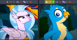 Size: 557x297 | Tagged: safe, imported from derpibooru, gallus, silverstream, derpibooru, uprooted, juxtaposition, meta, silverstream is not amused, smiling, smirk, smug, unamused