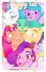 Size: 1315x2048 | Tagged: safe, artist:pearl a.g, imported from derpibooru, hitch trailblazer, izzy moonbow, pipp petals, sunny starscout, zipp storm, dragon, earth pony, pegasus, pony, unicorn, anniversary, camera shot, female, g5, male, mane five (g5), mare, my little pony: a new generation, sparky sparkeroni, stallion