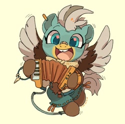 Size: 680x676 | Tagged: safe, artist:drtuo4, imported from derpibooru, oc, oc only, oc:duk, pegasus, pony, accordion, bandaid, bandaid on nose, cute, female, looking at you, mare, musical instrument, ocbetes, open mouth, open smile, simple background, smiling, smiling at you, solo, spread wings, wings, yellow background