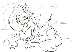 Size: 1062x777 | Tagged: safe, artist:sickbelle, imported from derpibooru, fluttershy, bat pony, pony, bat ponified, black and white, ear piercing, female, flutterbat, grayscale, looking at you, lying down, mare, monochrome, piercing, prone, race swap, sketch, solo