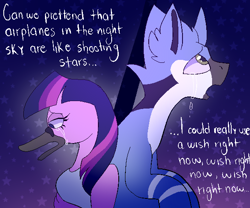 Size: 600x500 | Tagged: safe, artist:sickbelle, imported from derpibooru, twilight sparkle, anthro, bird, bird pone, blue jay, pony, aeroplanes and meteor showers, airplanes (song), birdified, crossover, crossover shipping, crying, dialogue, female, male, meme, mordecai, mordetwi, not salmon, ponified, regular show, role reversal, shipping, singing, species swap, straight, wat