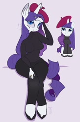 Size: 784x1200 | Tagged: safe, artist:sickbelle, imported from derpibooru, rarity, anthro, pony, unguligrade anthro, unicorn, beatnik rarity, beret, breasts, busty rarity, clothes, female, hat, jewelry, looking at you, mare, purple background, ring, simple background, solo, sweater, thighs, turtleneck, wide hips