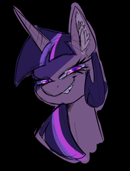 Size: 813x1069 | Tagged: safe, artist:sickbelle, imported from derpibooru, twilight sparkle, pony, unicorn, black background, bust, ear fluff, female, looking at you, mare, sharp teeth, simple background, sinister smile, solo, teeth