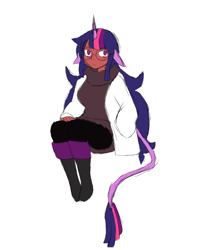 Size: 1080x1350 | Tagged: safe, artist:elementbrigade, imported from derpibooru, twilight sparkle, human, unicorn, fanfic:fate/equestria: fragmented memories, alternate hairstyle, bags under eyes, clothes, colored sketch, dark skin, fanfic art, fate/extra, floppy ears, gijinka, glasses, humanized, simple background, solo, unicorn twilight, white background, wip