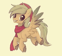Size: 850x768 | Tagged: safe, artist:wintah33, imported from derpibooru, oc, oc only, oc:coffee coat, pegasus, pony, clothes, scarf, simple background, smiling, solo, unshorn fetlocks, yellow background