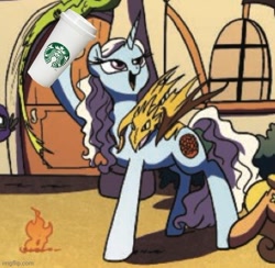 Size: 506x493 | Tagged: safe, idw, imported from derpibooru, dragon, pony, unicorn, spoiler:comic, spoiler:comic16, daenerys targaryen, female, game of thrones, imgflip, meme, photo, ponified, starbucks