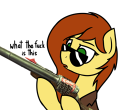 Size: 1024x900 | Tagged: safe, artist:alexi148, imported from derpibooru, oc, oc:postal mare, pony, clothes, double barreled shotgun, female, gun, mare, ponified, postal, postal 2, postal: brain damaged, rule 63, shotgun, simple background, solo, sunglasses, trenchcoat, vulgar, weapon, white background