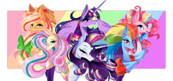 Size: 4827x2267 | Tagged: safe, artist:darkjillmlp123, imported from derpibooru, applejack, fluttershy, pinkie pie, rainbow dash, rarity, twilight sparkle, alicorn, earth pony, pegasus, pony, unicorn, eye clipping through hair, eyebrows, eyebrows visible through hair, eyeshadow, grin, group, high res, looking at you, makeup, mane six, open mouth, open smile, partially open wings, rainbow power, sextet, smiling, smiling at you, twilight sparkle (alicorn), wings