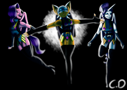 Size: 4092x2893 | Tagged: safe, artist:baliniosnow, imported from derpibooru, pipp petals, rarity, alicorn, anthro, bat, pegasus, alicornified, arms spread out, black background, breasts, clothes, eyes closed, eyeshadow, female, g5, happy, high res, jetpack, leotard, makeup, open mouth, open smile, pippcorn, race swap, raricorn, rouge the bat, simple background, smiling, sonic the hedgehog (series), trio, trio female