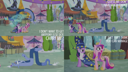 Size: 4400x2475 | Tagged: safe, edit, edited screencap, editor:quoterific, imported from derpibooru, screencap, discord, princess cadance, twilight sparkle, alicorn, draconequus, pony, three's a crowd, blue flu, cloak, clothes, crown, fake beard, female, hat, hoof shoes, jewelry, male, mare, open mouth, open smile, regalia, smiling, smug, star swirl the bearded costume, twilight sparkle (alicorn), wizard hat