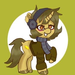 Size: 1000x1000 | Tagged: safe, artist:bounybon, imported from derpibooru, oc, oc only, oc:sagiri himoto, pony, unicorn, blushing, brown coat, brown eyes, brown mane, brown tail, clothes, dock, food, headphones, lemon, messy mane, scarf, solo, striped scarf, sweater, tail