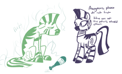 Size: 2031x1225 | Tagged: safe, alternate version, artist:nobody, imported from derpibooru, zecora, oc, oc:anon, zebra, floppy ears, human to zebra, poof, potion, sitting, species swap, transformation, unamused, zebrafied