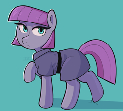 Size: 1398x1272 | Tagged: safe, artist:duckoiii, imported from derpibooru, maud pie, earth pony, pony, 2019, clothes, female, looking at you, mare, old art, raised hoof, simple background, solo, teal background, walking