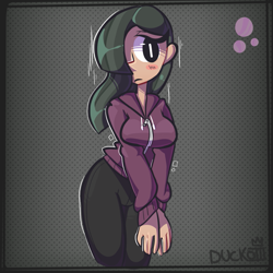 Size: 1059x1059 | Tagged: safe, artist:duckoiii, imported from derpibooru, marble pie, human, 2019, arm boob squeeze, clothes, female, hair over one eye, hoodie, humanized, old art, solo