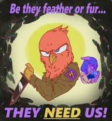 Size: 2694x2902 | Tagged: safe, artist:2hrnap, imported from derpibooru, gilda, izzy moonbow, anthro, griffon, equestria at war mod, clothes, izzy's kids, military uniform, ponybooru import, poster, propaganda, uniform, worst propaganda