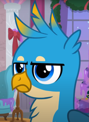 Size: 565x776 | Tagged: safe, imported from derpibooru, screencap, gallus, griffon, the hearth's warming club, cropped, gallus is not amused, male, solo, unamused