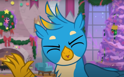 Size: 1236x770 | Tagged: safe, imported from derpibooru, screencap, gallus, griffon, the hearth's warming club, cropped, eyes closed, male, solo