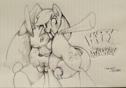 Size: 2092x1462 | Tagged: safe, artist:yidwags, imported from derpibooru, applejack, earth pony, lopunny, pony, bipedal, birthday, gift art, lined paper, pokémon, signature, traditional art