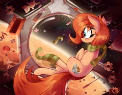 Size: 2820x2206 | Tagged: safe, artist:nevobaster, imported from derpibooru, oc, oc only, oc:rusty gears, earth pony, pony, bandaid, clothes, cracks, cute, duct tape, female, freckles, gear, mare, notes, planet, pliers, plushie, remote, scarf, screw, screwdriver, sock, socks, solo, space, striped scarf, striped socks, tape, teddy bear, toolbox, wrench, zero gravity