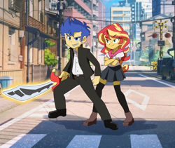 Size: 1612x1363 | Tagged: safe, artist:qsky, imported from derpibooru, flash sentry, sunset shimmer, human, equestria girls, city, clothes, duo, female, flashimmer, male, shipping, skirt, straight, sword, weapon