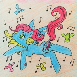 Size: 898x898 | Tagged: safe, artist:mintytreble, imported from derpibooru, thistle whistle, bird, pegasus, pony, cute, flying, g3, music notes, traditional art