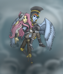 Size: 2022x2379 | Tagged: safe, artist:daazzlin, imported from derpibooru, commander hurricane, fluttershy, private pansy, rainbow dash, human, armor, duo, duo female, female, frown, grin, high res, humanized, pony coloring, smiling, teeth, winged humanization, wings