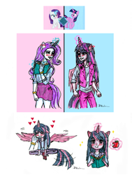 Size: 5621x7443 | Tagged: safe, artist:daazzlin, imported from derpibooru, rarity, twilight sparkle, alicorn, anthro, unicorn, blushing, duo, female, glowing, glowing horn, horn, lesbian, rarilight, shipping, twilight sparkle (alicorn)