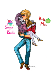 Size: 4294x6038 | Tagged: safe, artist:daazzlin, imported from derpibooru, big macintosh, sugar belle, human, equestria girls, blushing, female, holding, kissing, male, shipping, simple background, straight, sugarmac, white background