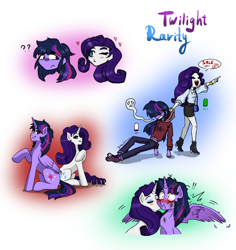 Size: 2576x2732 | Tagged: safe, artist:daazzlin, imported from derpibooru, rarity, twilight sparkle, alicorn, human, pony, unicorn, equestria girls, blushing, duo, female, kissing, lesbian, rarilight, shipping, simple background, twilight sparkle (alicorn), white background