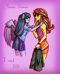 Size: 4619x5692 | Tagged: safe, artist:daazzlin, imported from derpibooru, sunset shimmer, twilight sparkle, human, equestria girls, bare shoulders, blushing, clothes, duo, eyes closed, female, grin, halter top, hands on shoulder, jacket, lesbian, ponied up, shipping, sleeveless, smiling, sunsetsparkle